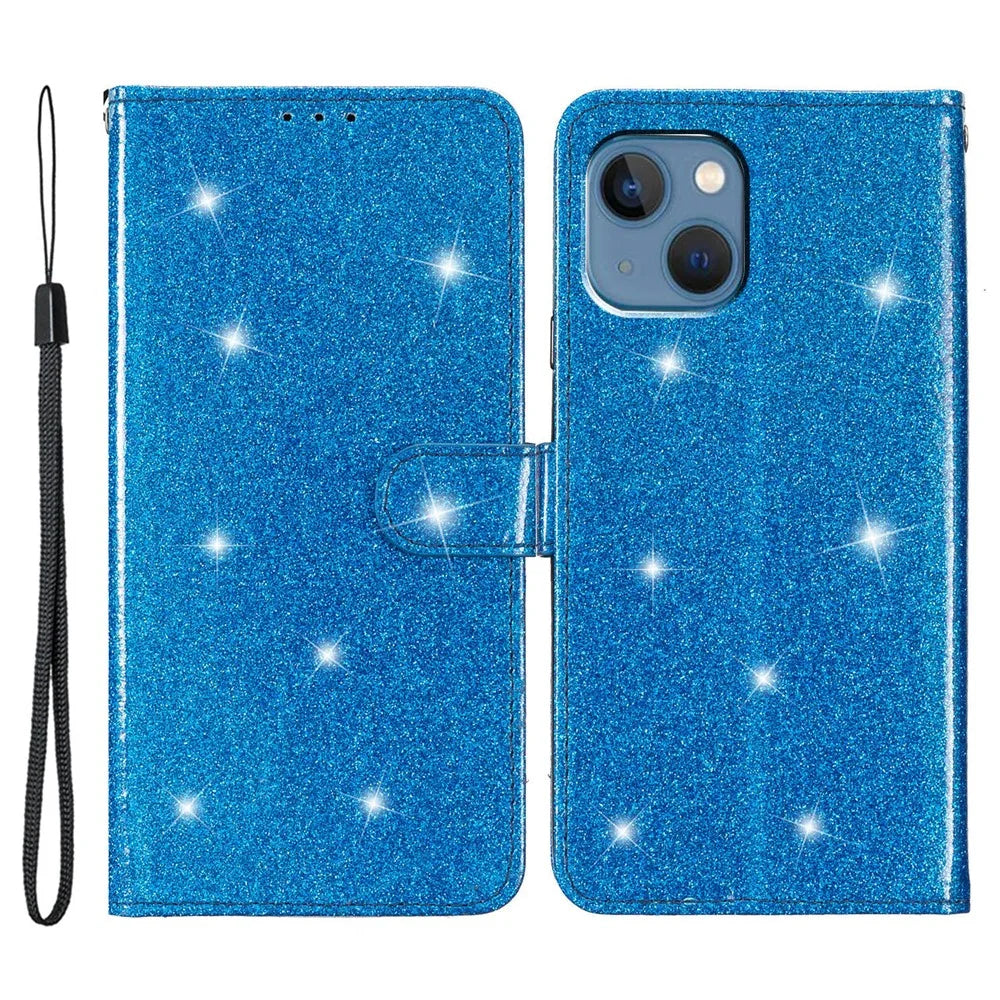 Glittery PU Leather Protective Phone Case for iPhone 15 , Wallet Stand Cell Phone Cover - Blue - 1