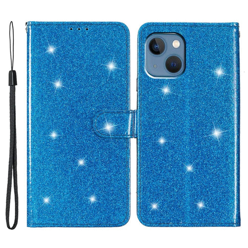 Glittery PU Leather Protective Phone Case for iPhone 15 , Wallet Stand Cell Phone Cover - Blue - 1