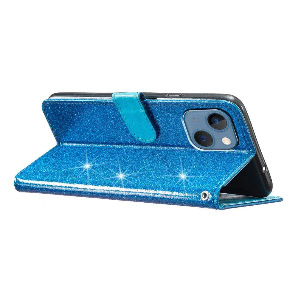 Glittery PU Leather Protective Phone Case for iPhone 15 , Wallet Stand Cell Phone Cover - Blue - 3