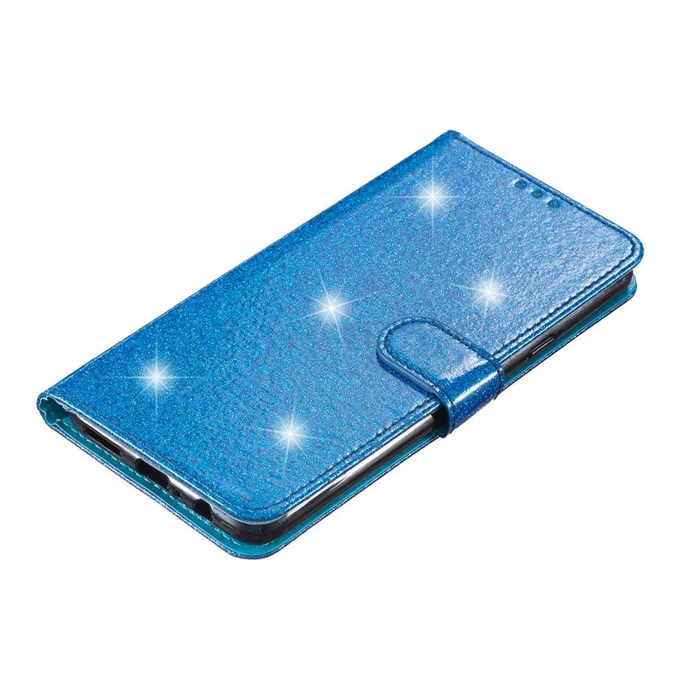 Glittery PU Leather Protective Phone Case for iPhone 15 , Wallet Stand Cell Phone Cover - Blue - 4