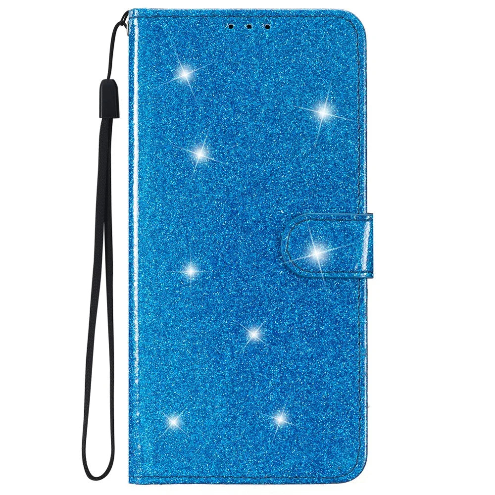 Glittery PU Leather Protective Phone Case for iPhone 15 , Wallet Stand Cell Phone Cover - Blue - 6