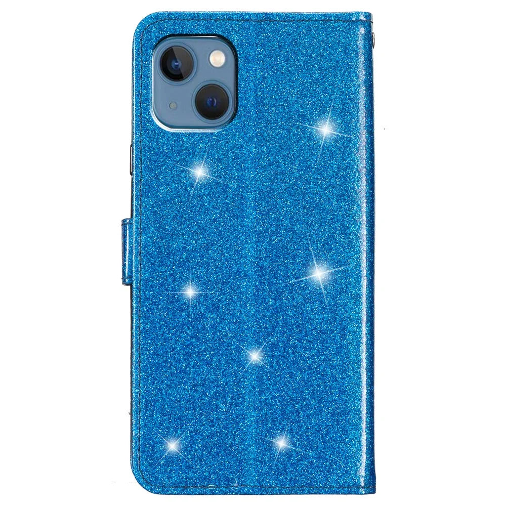 Glittery PU Leather Protective Phone Case for iPhone 15 , Wallet Stand Cell Phone Cover - Blue - 7