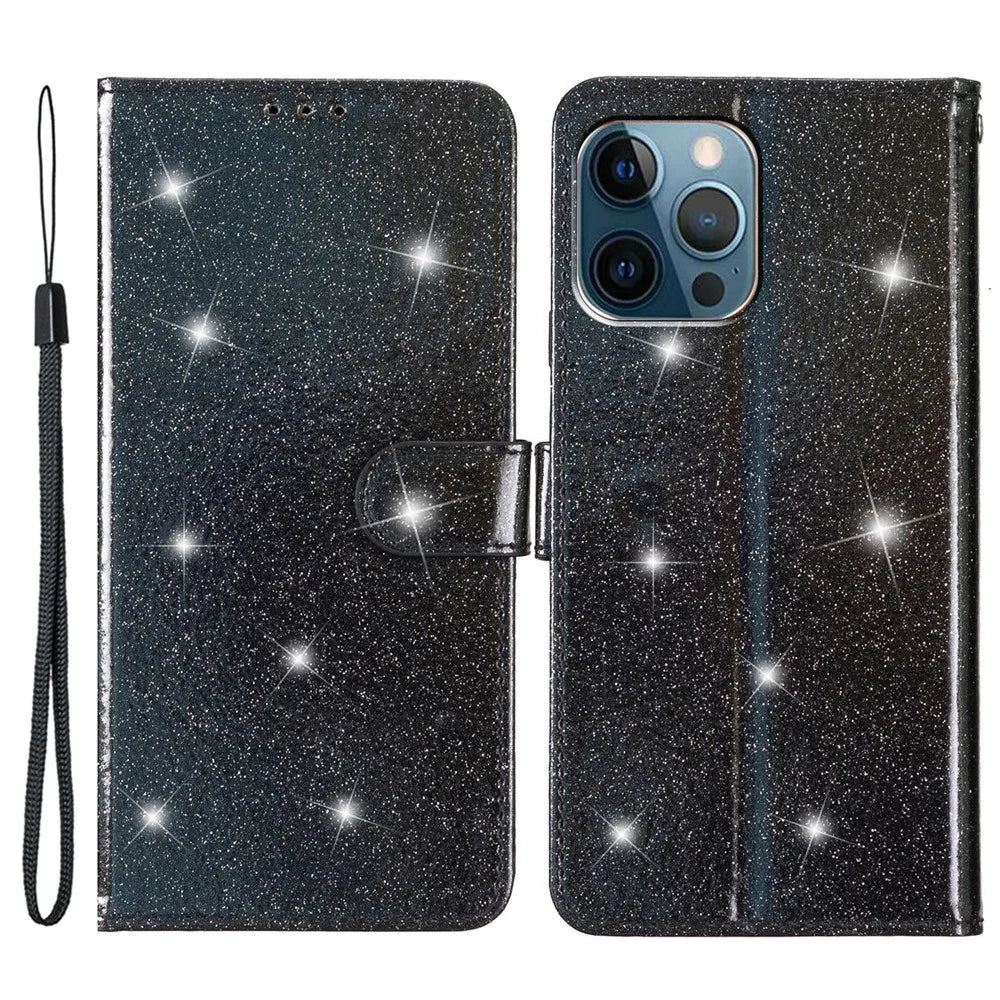 For iPhone 15 Pro Glittery Phone Leather Case Anti-drop Stand Wallet Phone Cover - Black - 1