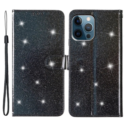 For iPhone 15 Pro Glittery Phone Leather Case Anti-drop Stand Wallet Phone Cover - Black - 1