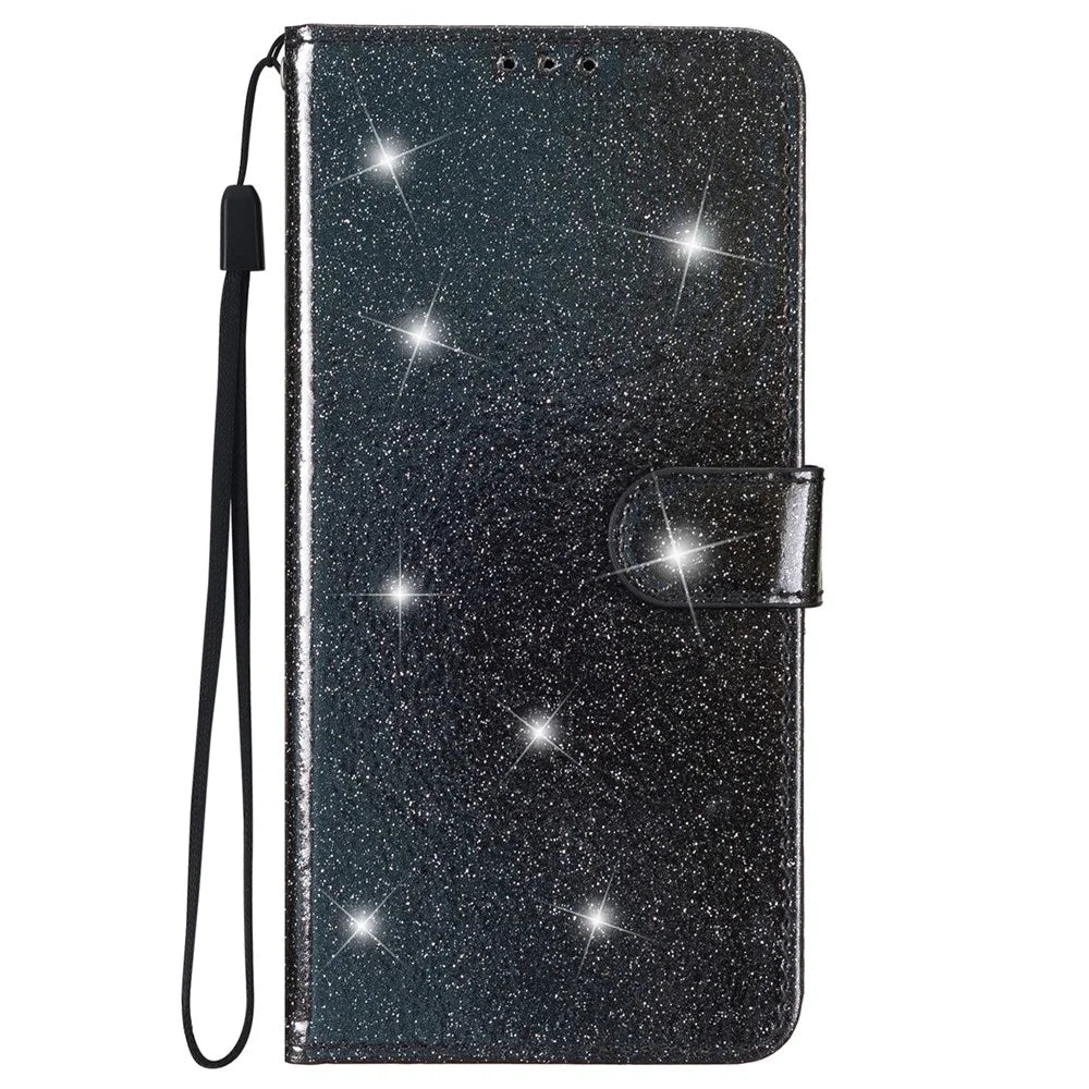 For iPhone 15 Pro Glittery Phone Leather Case Anti-drop Stand Wallet Phone Cover - Black - 6