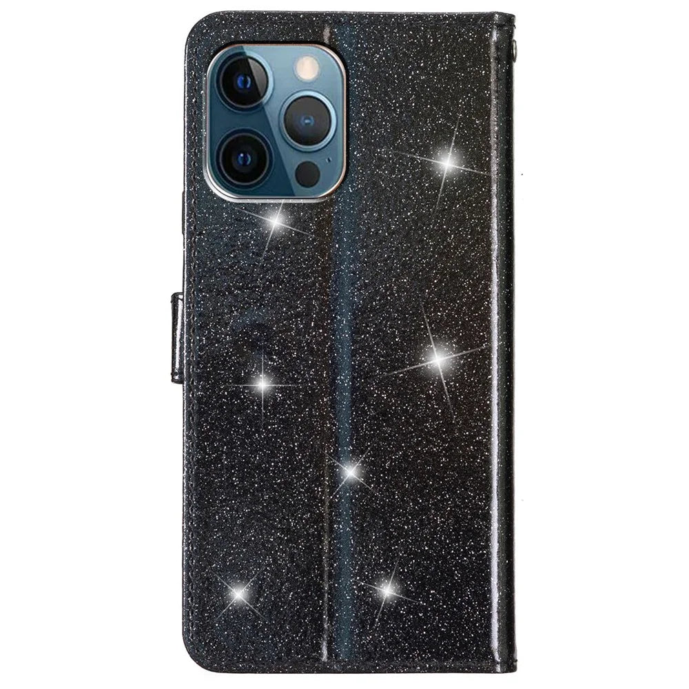 For iPhone 15 Pro Glittery Phone Leather Case Anti-drop Stand Wallet Phone Cover - Black - 7