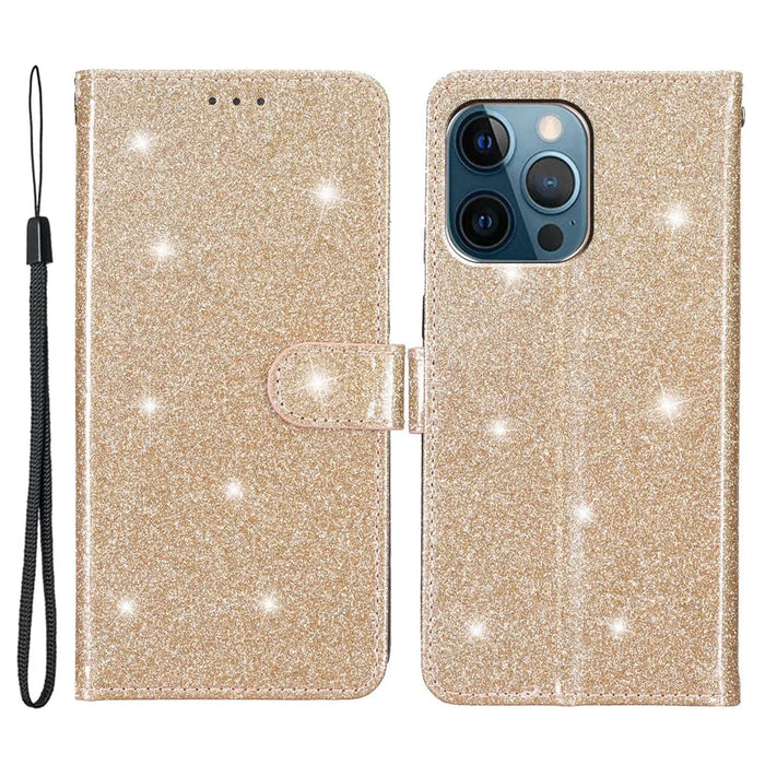 For iPhone 15 Pro Max Glittery Phone Case PU Leather Wallet Stand Full Protection Cover - Gold - 1