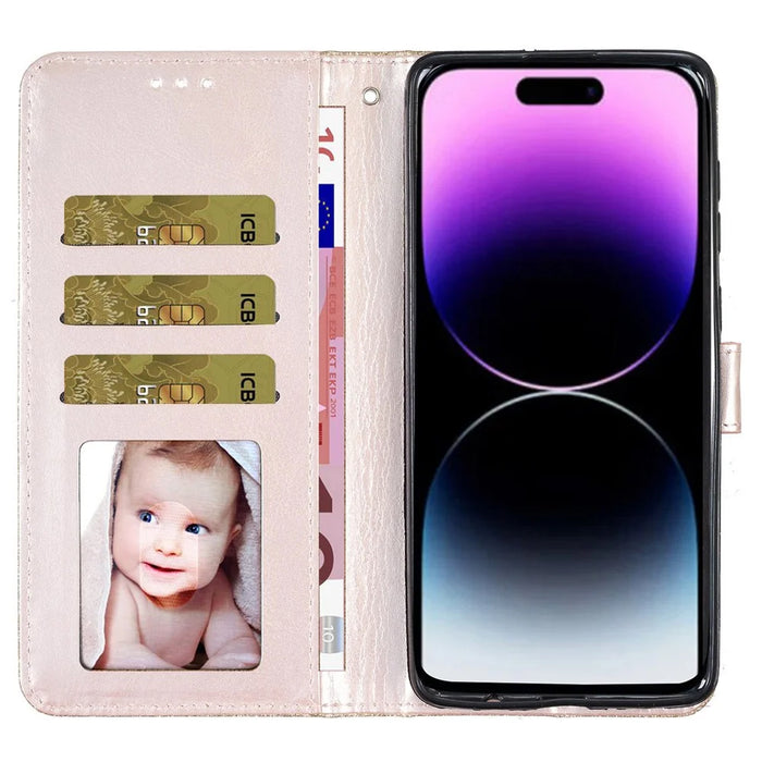 For iPhone 15 Pro Max Glittery Phone Case PU Leather Wallet Stand Full Protection Cover - Gold - 2