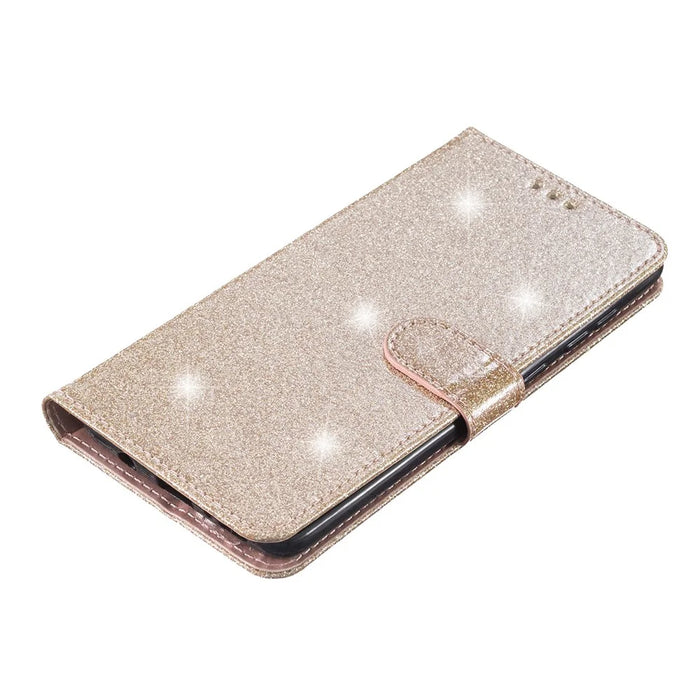 For iPhone 15 Pro Max Glittery Phone Case PU Leather Wallet Stand Full Protection Cover - Gold - 4