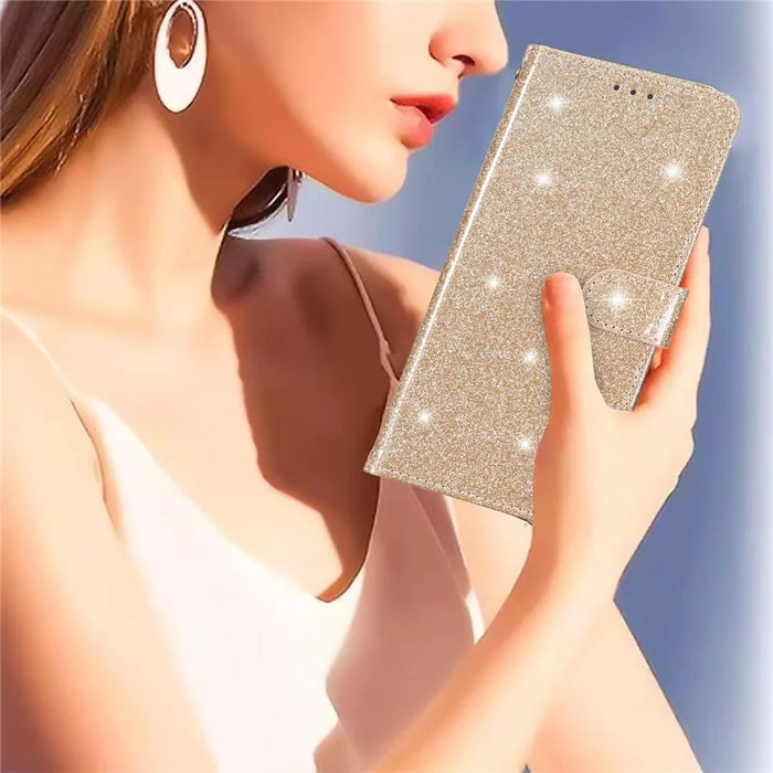 For iPhone 15 Pro Max Glittery Phone Case PU Leather Wallet Stand Full Protection Cover - Gold - 5