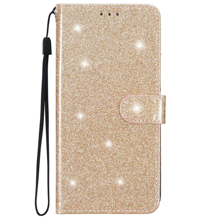 For iPhone 15 Pro Max Glittery Phone Case PU Leather Wallet Stand Full Protection Cover - Gold - 6