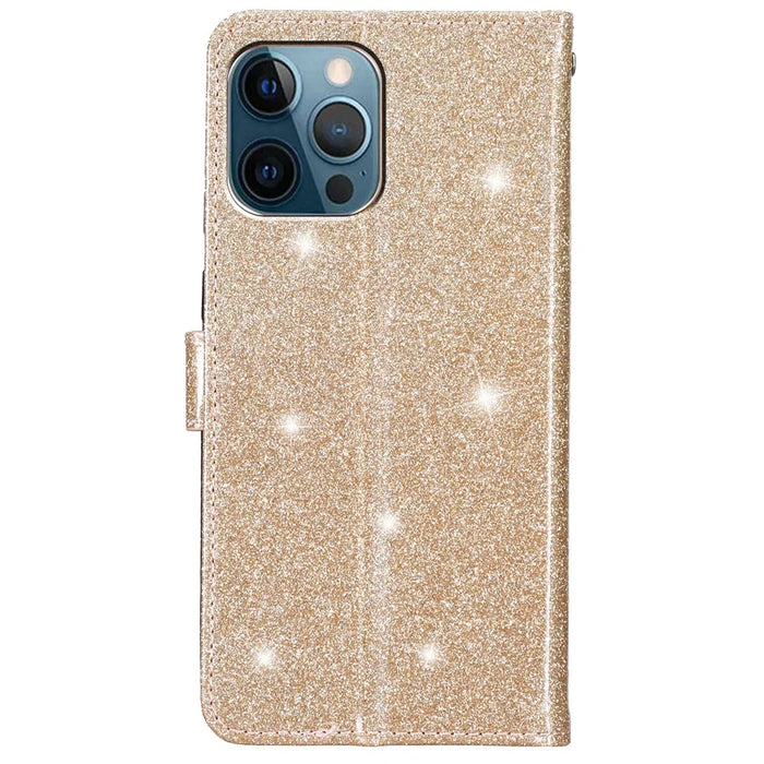 For iPhone 15 Pro Max Glittery Phone Case PU Leather Wallet Stand Full Protection Cover - Gold - 7