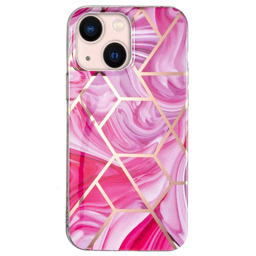 For iPhone 15 Plus Electroplating Phone Case IMD Pattern TPU Phone Back Cover - Marble / Red Rhombus - 1