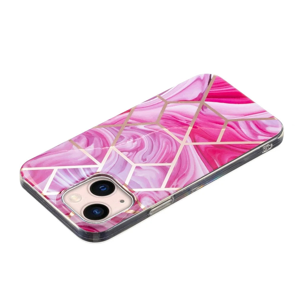 For iPhone 15 Plus Electroplating Phone Case IMD Pattern TPU Phone Back Cover - Marble / Red Rhombus - 3