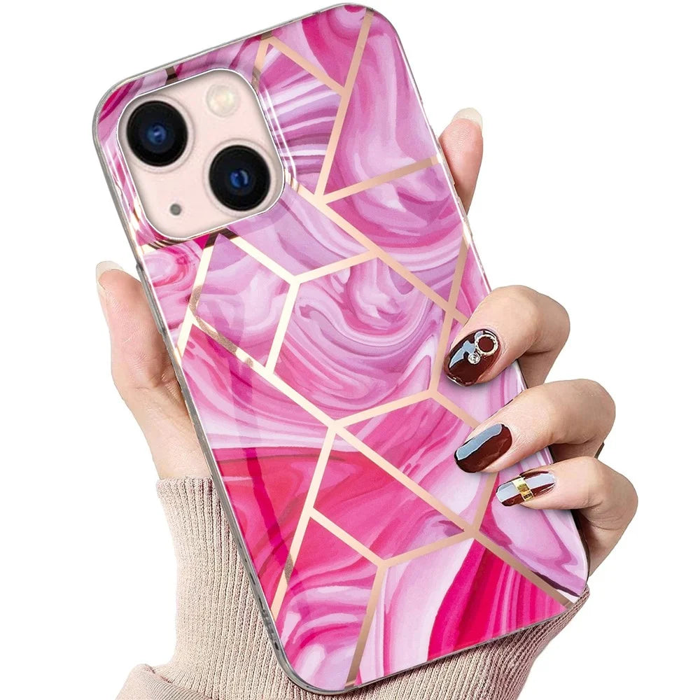 For iPhone 15 Plus Electroplating Phone Case IMD Pattern TPU Phone Back Cover - Marble / Red Rhombus - 5