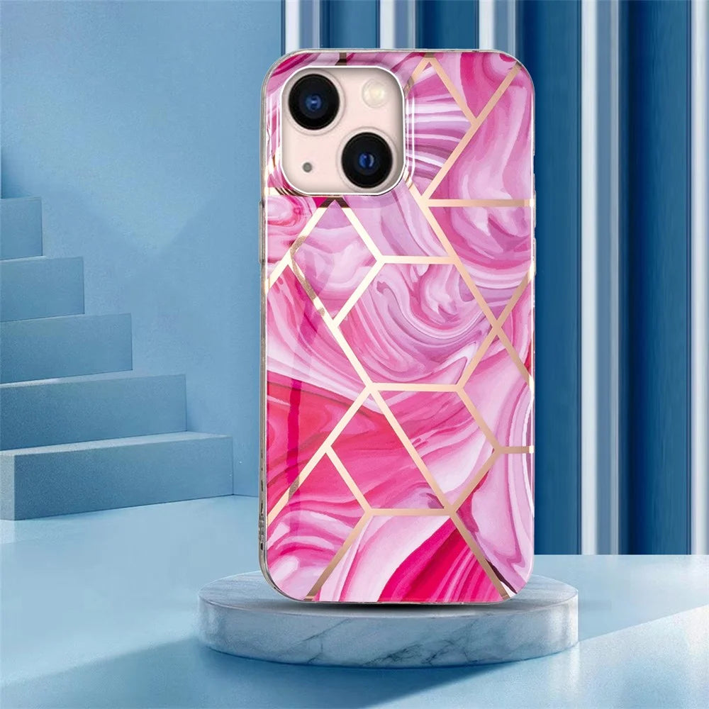 For iPhone 15 Plus Electroplating Phone Case IMD Pattern TPU Phone Back Cover - Marble / Red Rhombus - 6