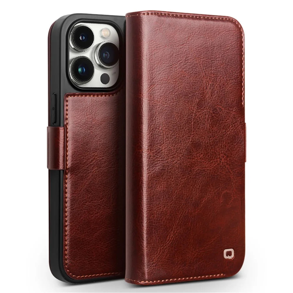 QIALINO For iPhone 15 Pro Max Genuine Cow Leather+TPU Phone Case Magnetic Closure Full Protection Phone Cover - Dark Brown - 1