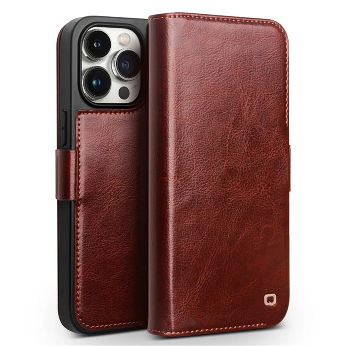 QIALINO For iPhone 15 Pro Max Genuine Cow Leather+TPU Phone Case Magnetic Closure Full Protection Phone Cover - Dark Brown - 1