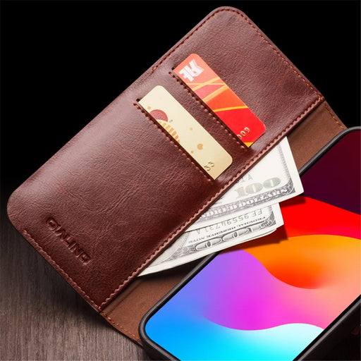 QIALINO For iPhone 15 Pro Max Genuine Cow Leather+TPU Phone Case Magnetic Closure Full Protection Phone Cover - Dark Brown - 2