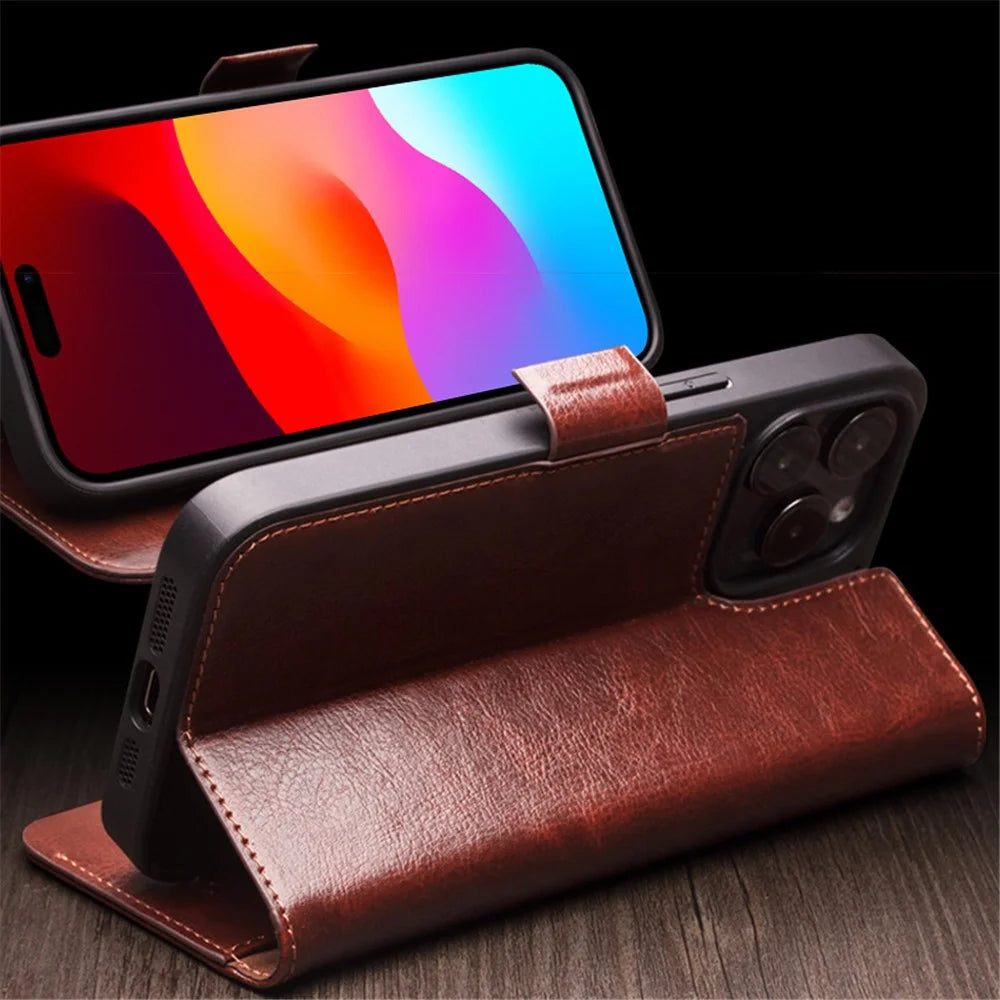 QIALINO For iPhone 15 Pro Max Genuine Cow Leather+TPU Phone Case Magnetic Closure Full Protection Phone Cover - Dark Brown - 3