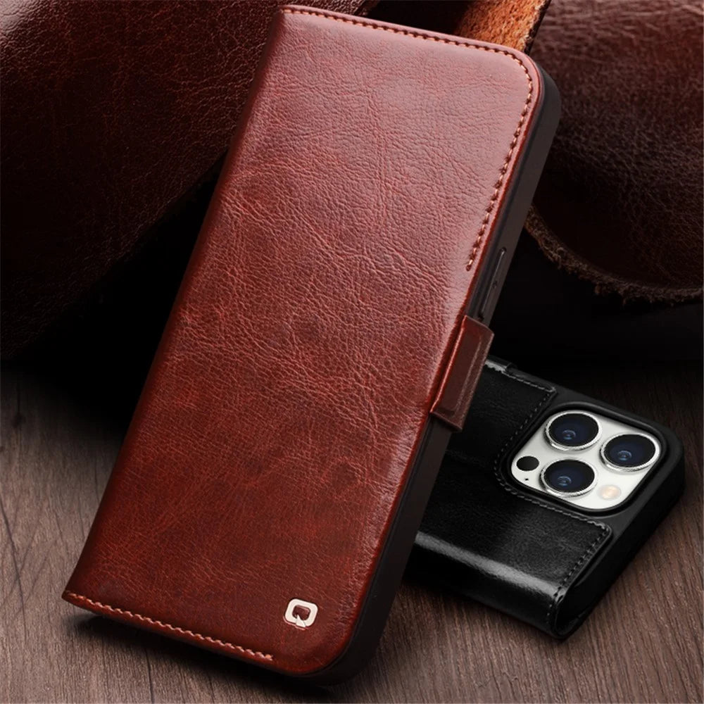 QIALINO For iPhone 15 Pro Max Genuine Cow Leather+TPU Phone Case Magnetic Closure Full Protection Phone Cover - Dark Brown - 4