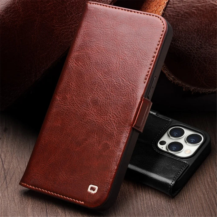 QIALINO For iPhone 15 Pro Max Genuine Cow Leather+TPU Phone Case Magnetic Closure Full Protection Phone Cover - Dark Brown - 4