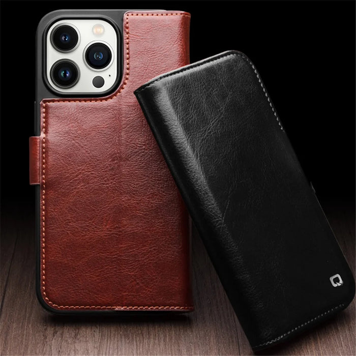 QIALINO For iPhone 15 Pro Max Genuine Cow Leather+TPU Phone Case Magnetic Closure Full Protection Phone Cover - Dark Brown - 5