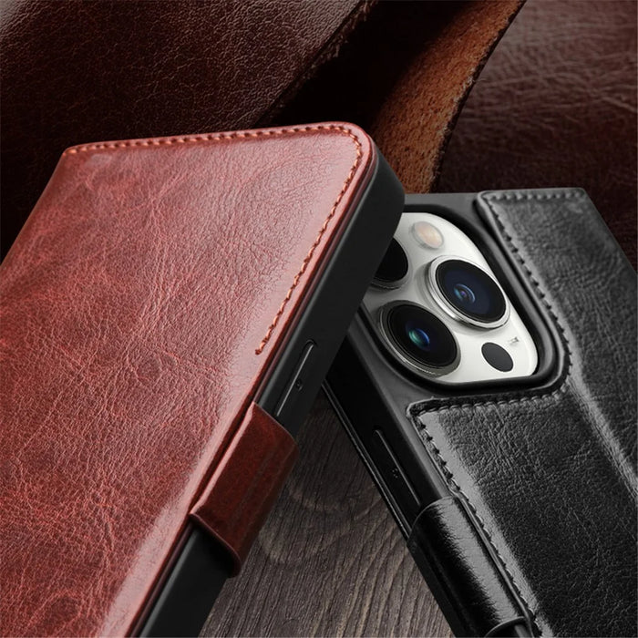 QIALINO For iPhone 15 Pro Max Genuine Cow Leather+TPU Phone Case Magnetic Closure Full Protection Phone Cover - Dark Brown - 6