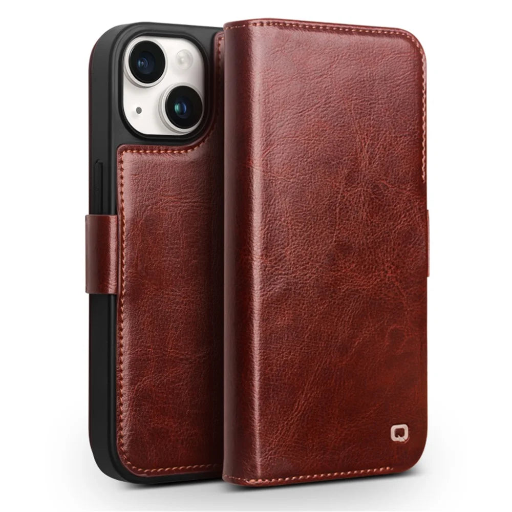 QIALINO Genuine Cow Leather+TPU Phone Case for iPhone 15 Plus Magnetic Closure Shockproof Phone Cover - Dark Brown - 1