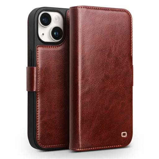 QIALINO Genuine Cow Leather+TPU Phone Case for iPhone 15 Plus Magnetic Closure Shockproof Phone Cover - Dark Brown - 1