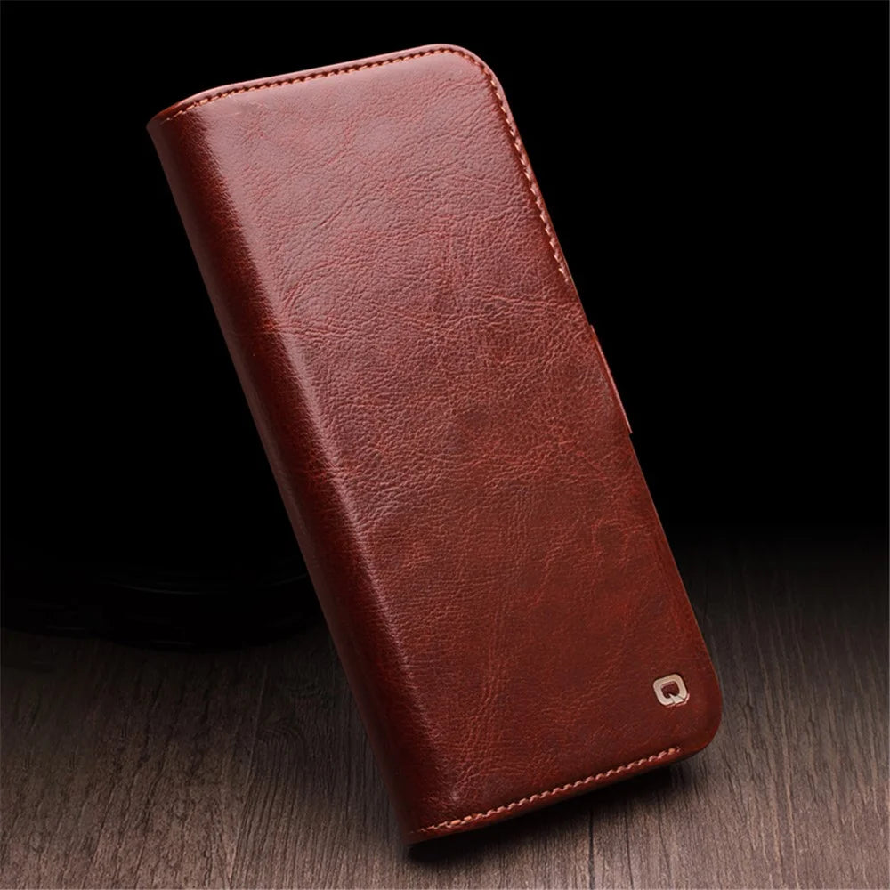 QIALINO Genuine Cow Leather+TPU Phone Case for iPhone 15 Plus Magnetic Closure Shockproof Phone Cover - Dark Brown - 3