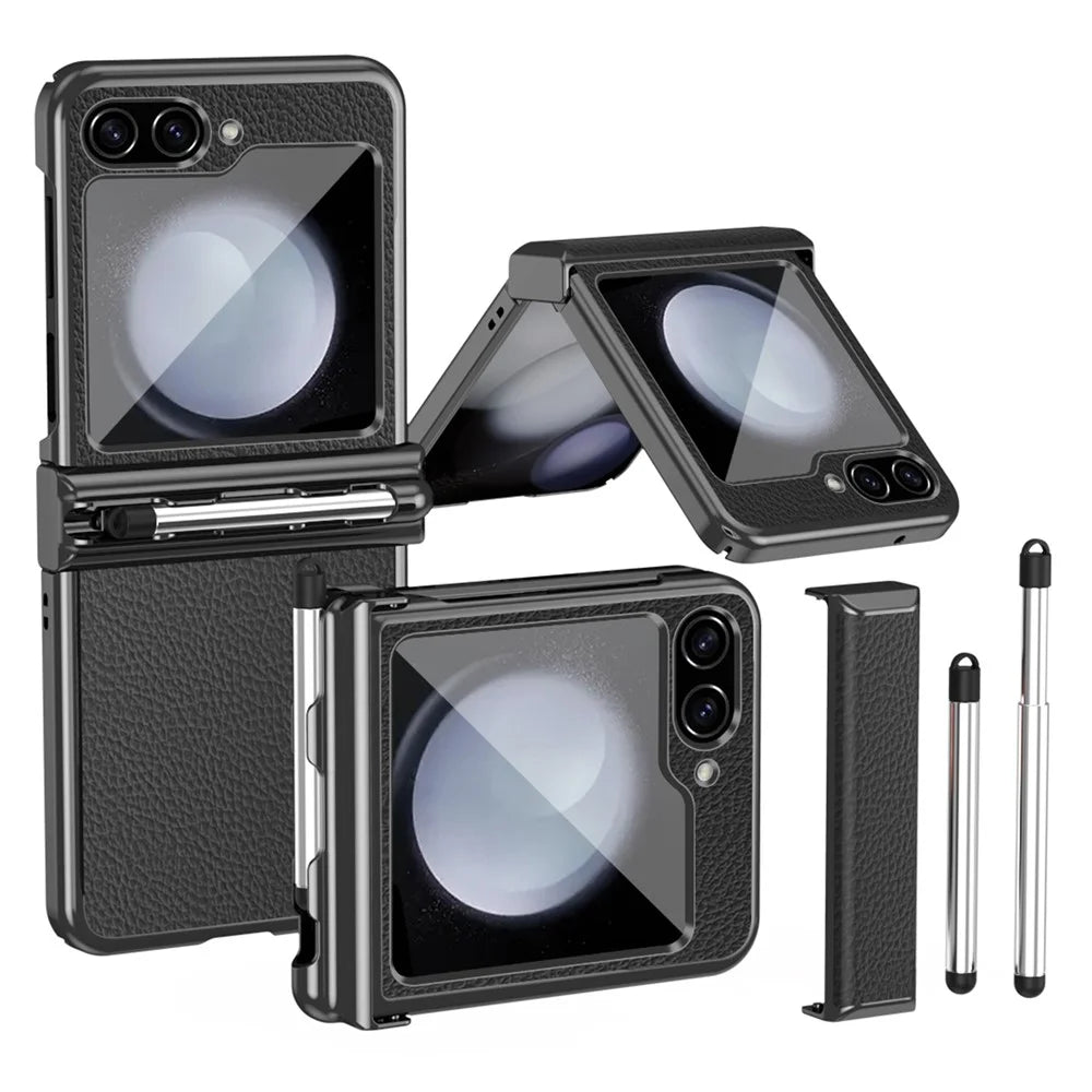 For Samsung Galaxy Z Flip5 5G Litchi Texture Phone Case Double Hinge Design Leather Coated PC Electroplating Cover with Stylus Pen - Black  /  Black - 1