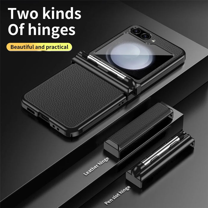 For Samsung Galaxy Z Flip5 5G Litchi Texture Phone Case Double Hinge Design Leather Coated PC Electroplating Cover with Stylus Pen - Black  /  Black - 2