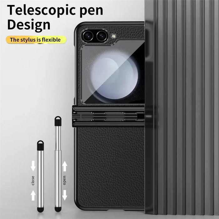For Samsung Galaxy Z Flip5 5G Litchi Texture Phone Case Double Hinge Design Leather Coated PC Electroplating Cover with Stylus Pen - Black  /  Black - 4