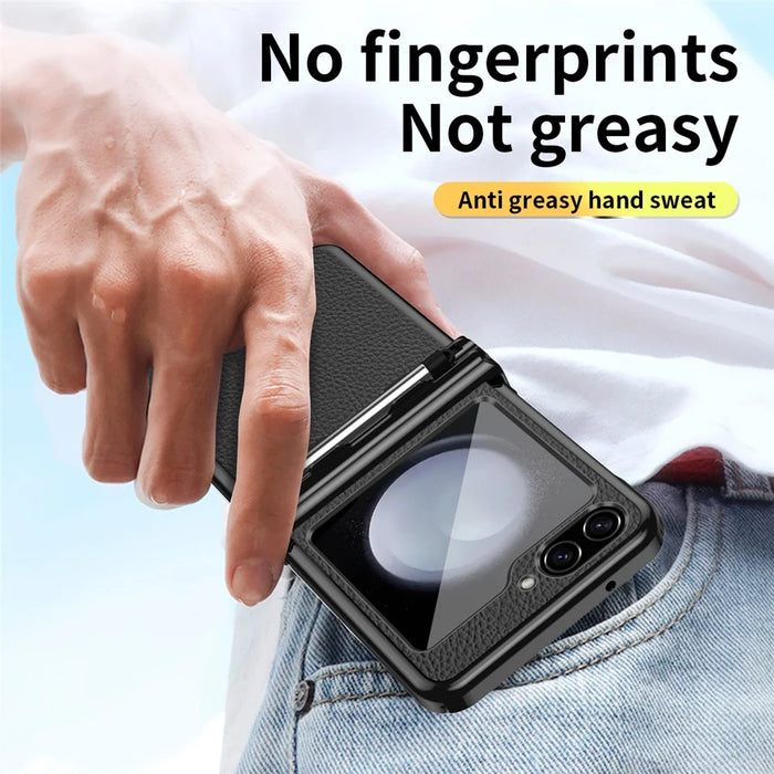 For Samsung Galaxy Z Flip5 5G Litchi Texture Phone Case Double Hinge Design Leather Coated PC Electroplating Cover with Stylus Pen - Black  /  Black - 5