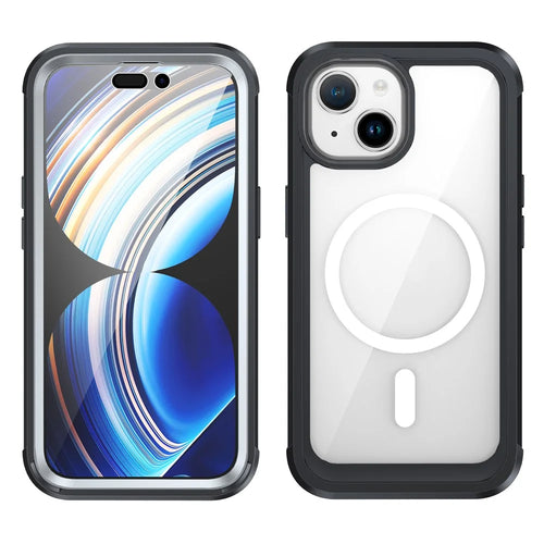 For iPhone 15 Phone Case PC + TPU Clear Cover with Tempered Glass Screen Protector - Black - 1