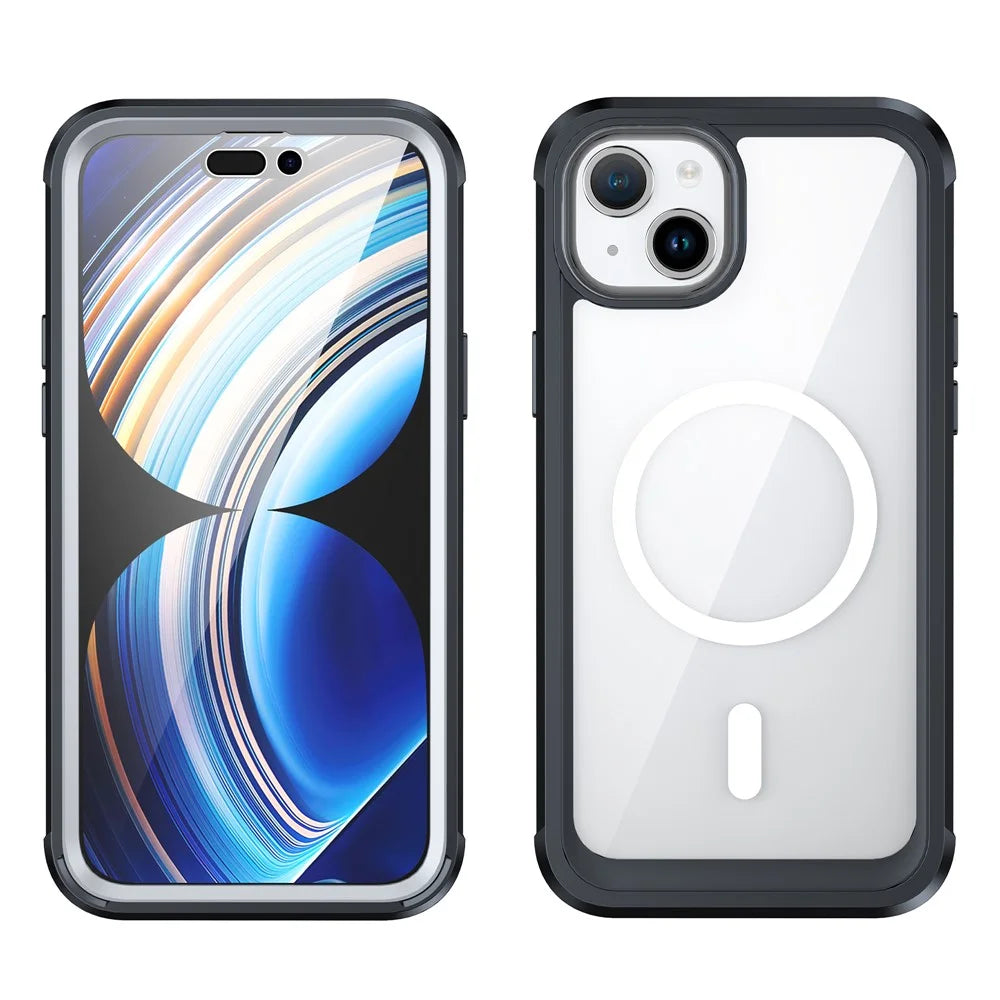 For iPhone 15 Plus Transparent Phone Case PC + TPU Cover with Tempered Glass Screen Protector - Black - 1
