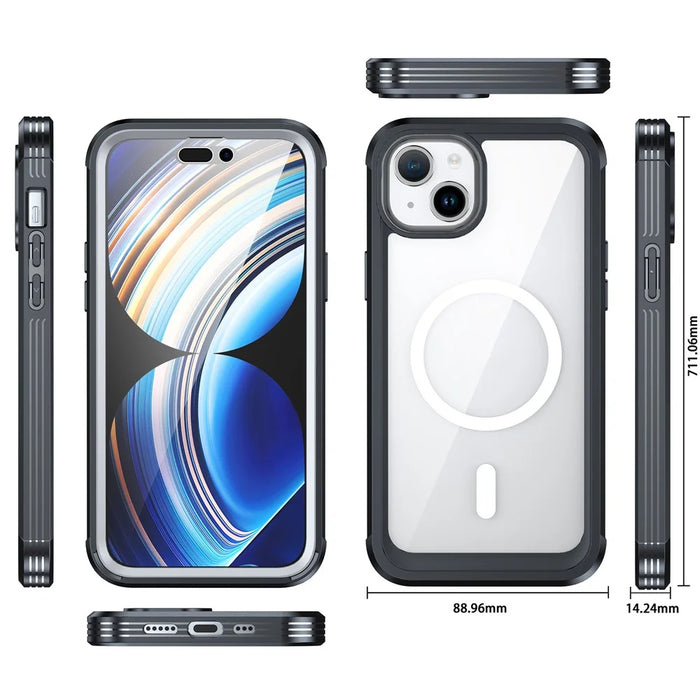 For iPhone 15 Plus Transparent Phone Case PC + TPU Cover with Tempered Glass Screen Protector - Black - 3