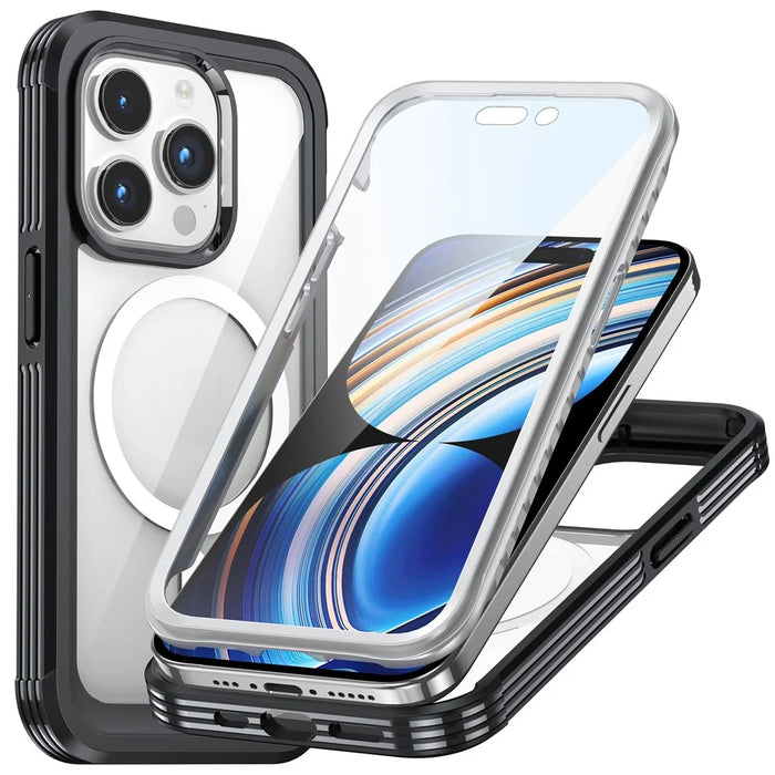 For iPhone 15 Pro Phone Case PC + TPU Fall Protection Cover with Tempered Glass Screen Protector - Black - 1
