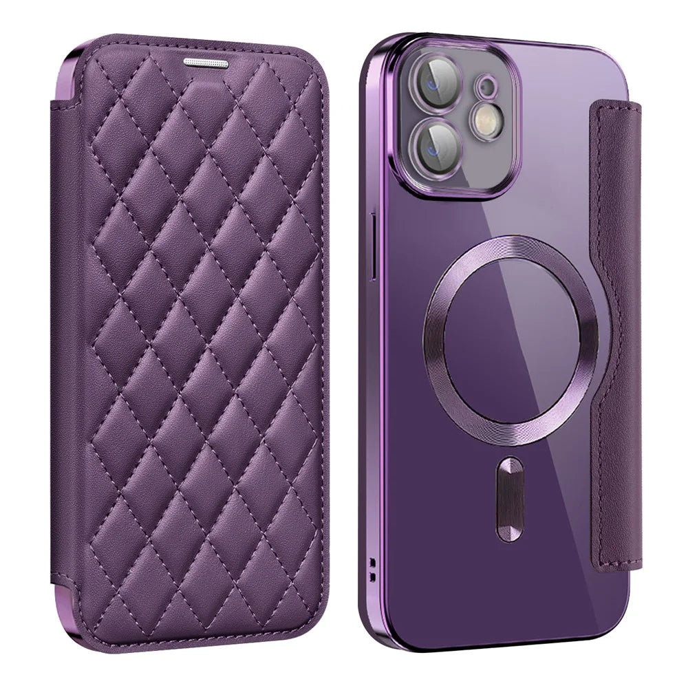 For iPhone 12 6.1 inch Card Holder Leather Phone Case Compatible with MagSafe Built-in Lens Film RFID Blocking Cover - Purple - 1