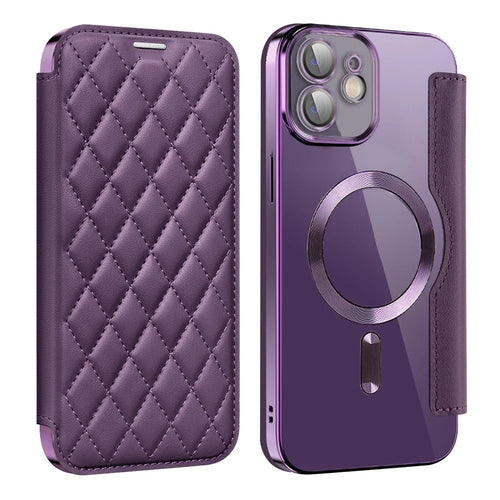 For iPhone 12 6.1 inch Card Holder Leather Phone Case Compatible with MagSafe Built-in Lens Film RFID Blocking Cover - Purple - 1