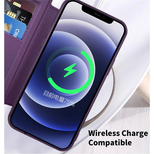 For iPhone 12 6.1 inch Card Holder Leather Phone Case Compatible with MagSafe Built-in Lens Film RFID Blocking Cover - Purple - 2