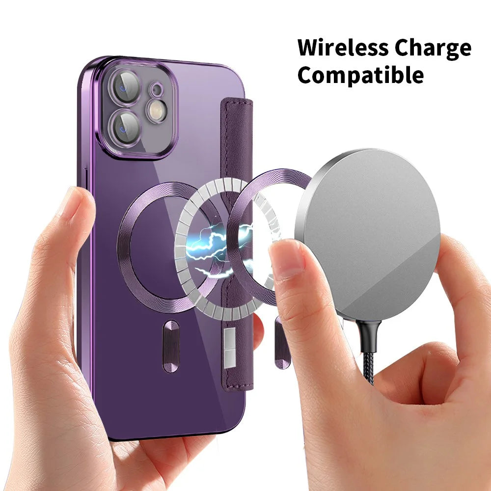 For iPhone 12 6.1 inch Card Holder Leather Phone Case Compatible with MagSafe Built-in Lens Film RFID Blocking Cover - Purple - 3