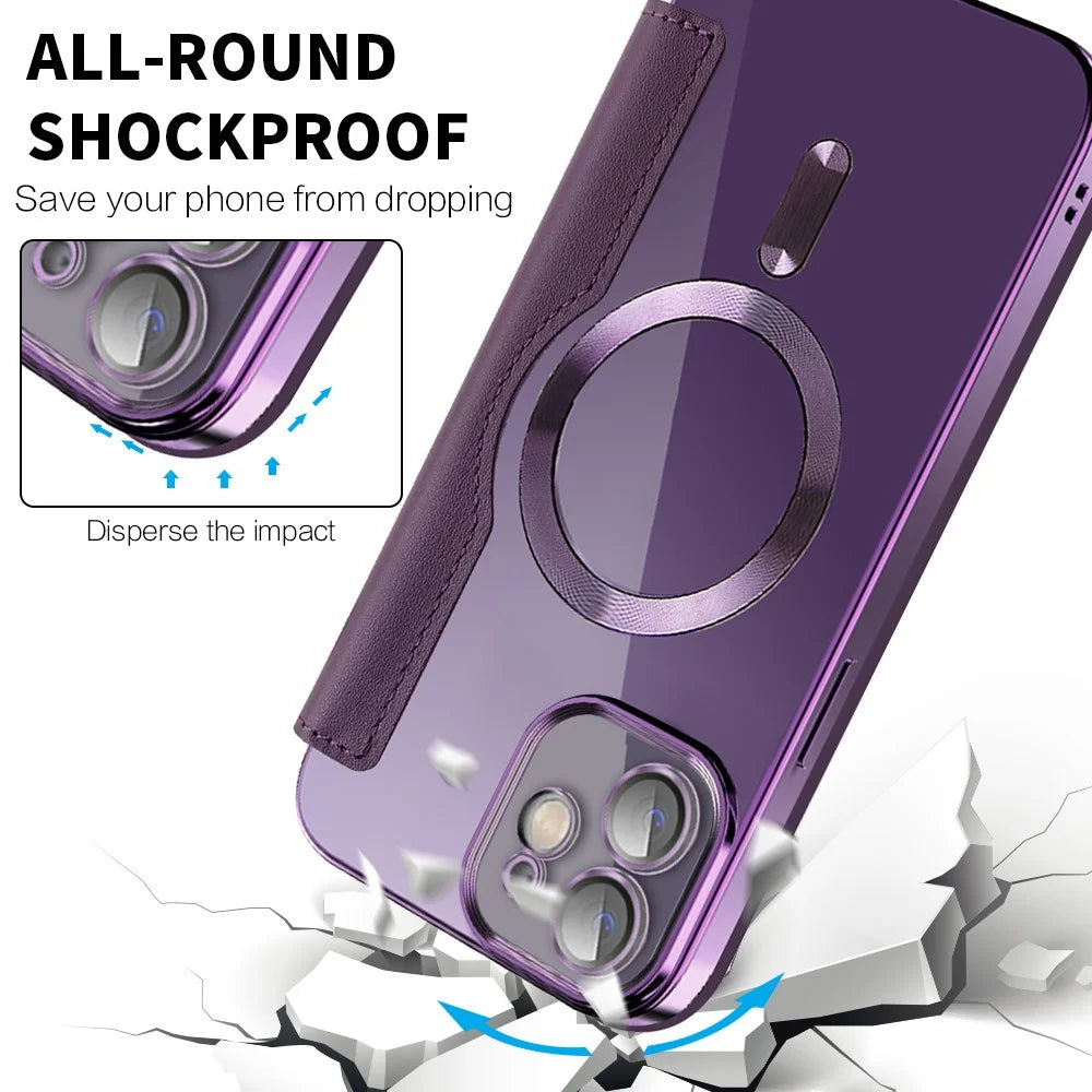 For iPhone 12 6.1 inch Card Holder Leather Phone Case Compatible with MagSafe Built-in Lens Film RFID Blocking Cover - Purple - 5