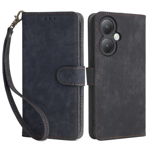 For vivo Y35+ 5G / Y35m+ 5G / Y27 4G RFID Blocking Phone Case Anti-scratch Leather Wallet Stand Cover with Strap - Black - 1