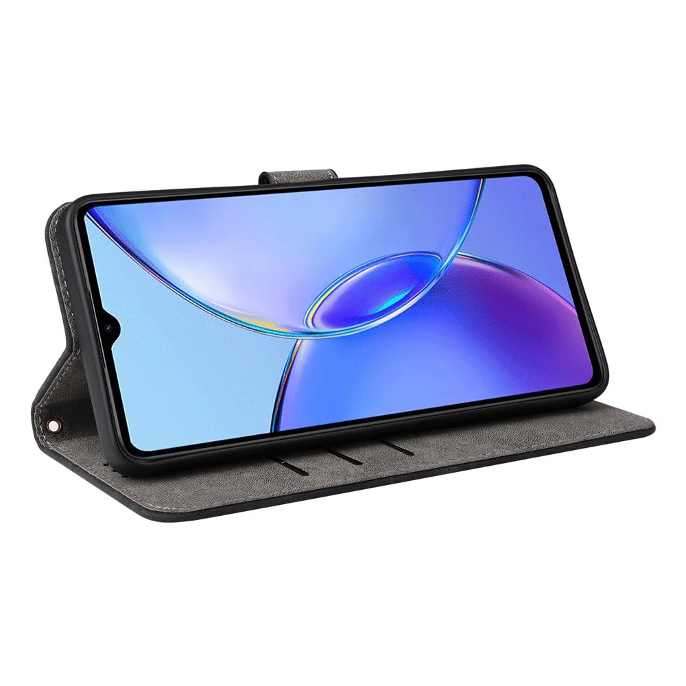For vivo Y35+ 5G / Y35m+ 5G / Y27 4G RFID Blocking Phone Case Anti-scratch Leather Wallet Stand Cover with Strap - Black - 3