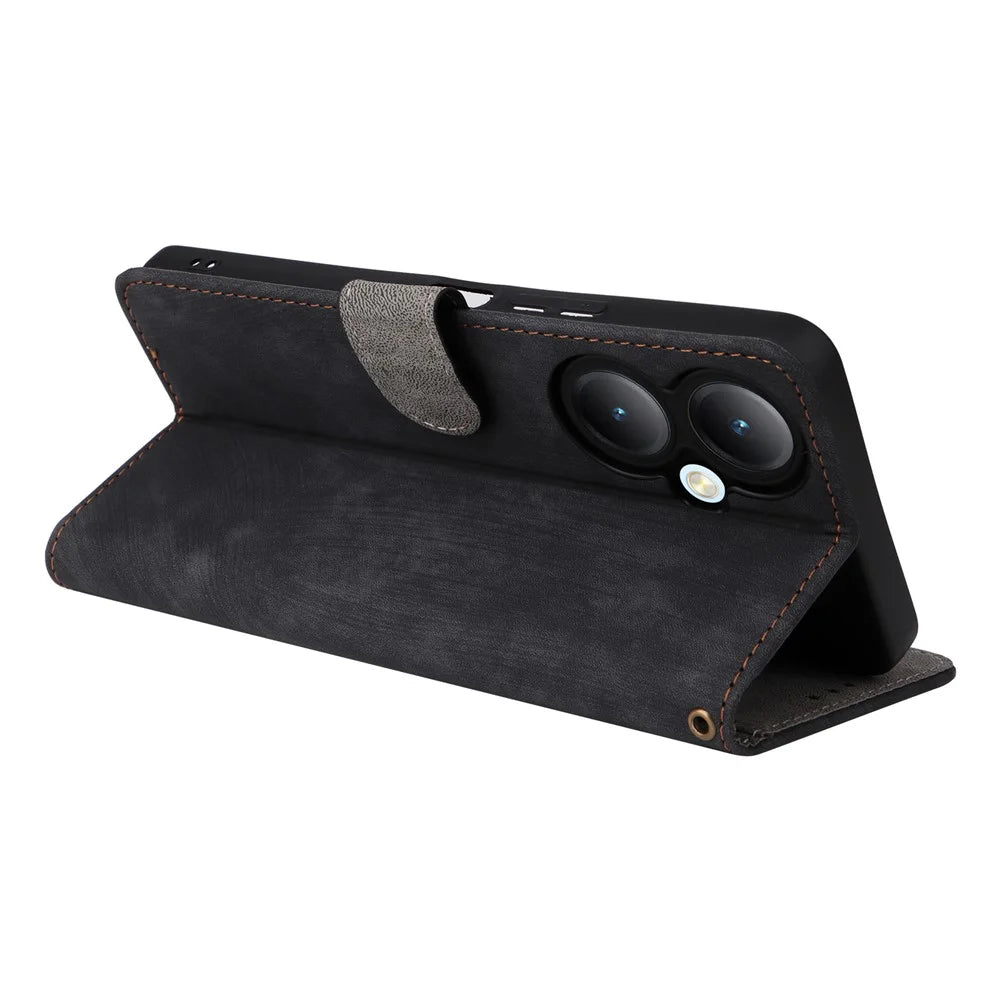 For vivo Y35+ 5G / Y35m+ 5G / Y27 4G RFID Blocking Phone Case Anti-scratch Leather Wallet Stand Cover with Strap - Black - 4