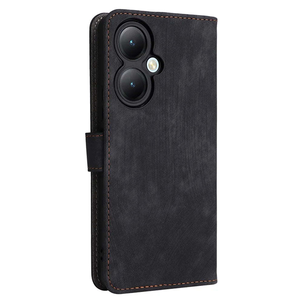 For vivo Y35+ 5G / Y35m+ 5G / Y27 4G RFID Blocking Phone Case Anti-scratch Leather Wallet Stand Cover with Strap - Black - 6