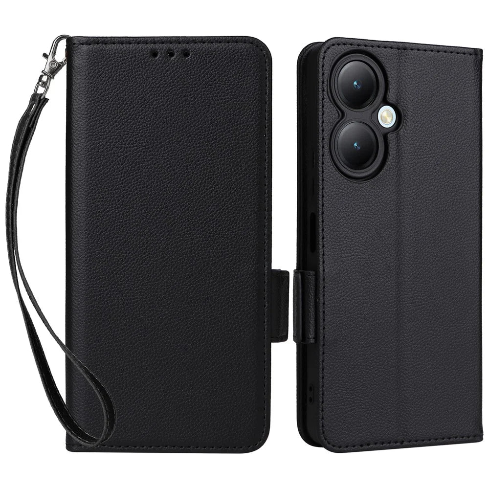For vivo Y35m+ 5G / Y35+ 5G / Y27 4G Litchi Texture Phone Shell PU Leather Wallet Stand Anti-drop Cover with Strap - Black - 1