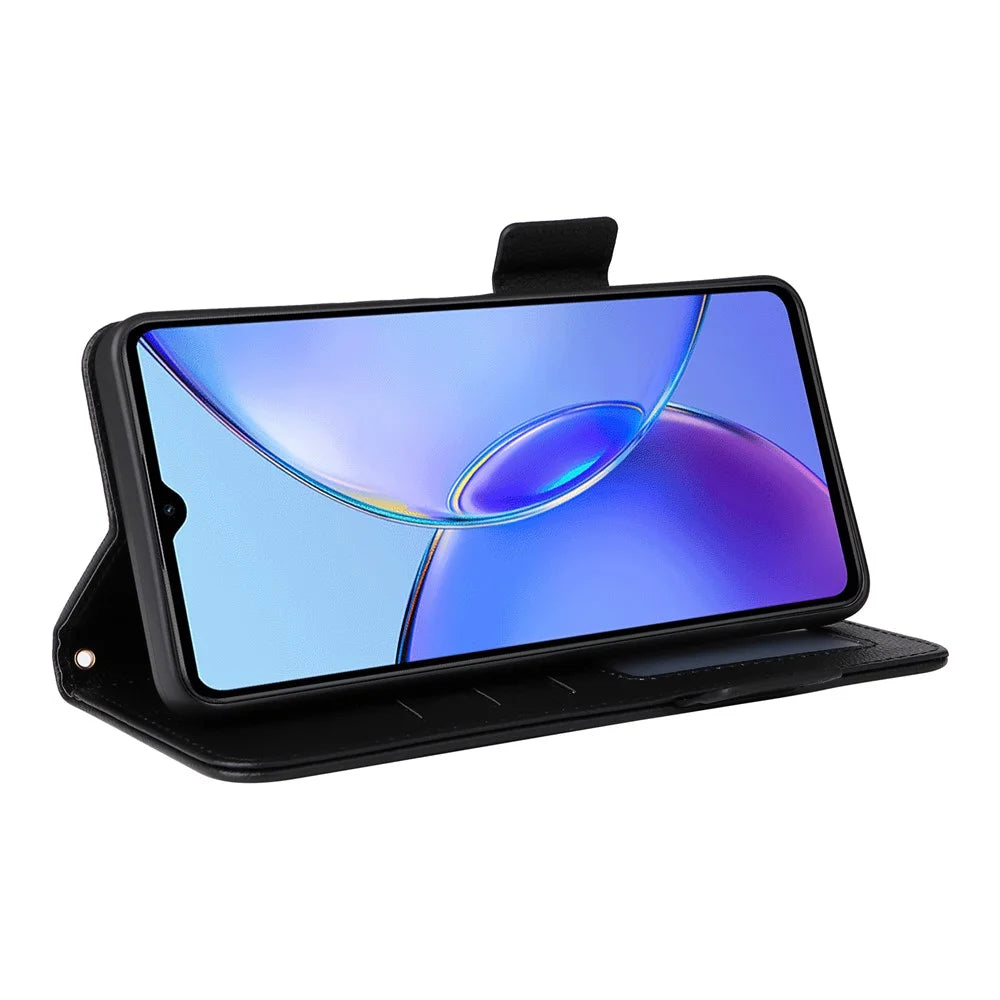 For vivo Y35m+ 5G / Y35+ 5G / Y27 4G Litchi Texture Phone Shell PU Leather Wallet Stand Anti-drop Cover with Strap - Black - 3